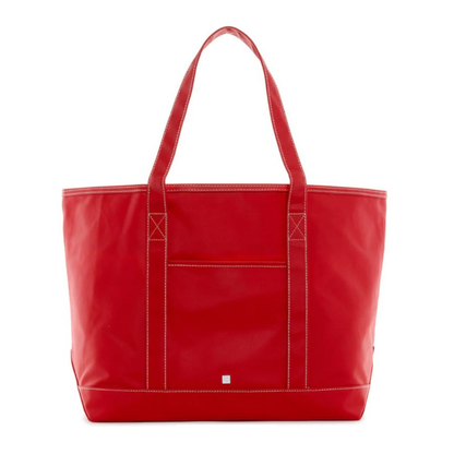 Red tote bag with white stitching on a white background