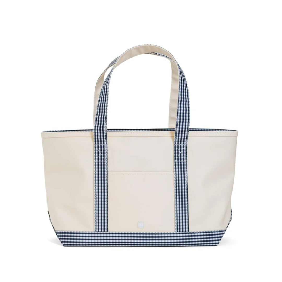 Beige tote bag with navy gingham accents on a white background