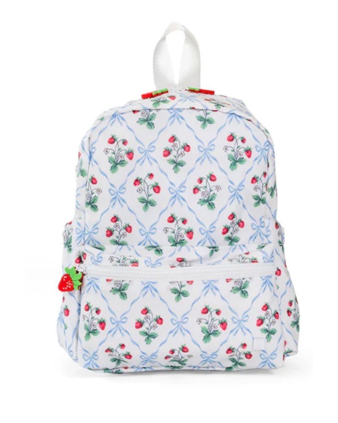 Backpack with cherry and bow pattern on a white background