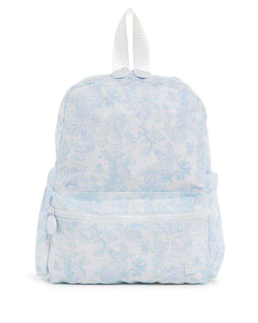 Light blue bunny toile backpack on a white background