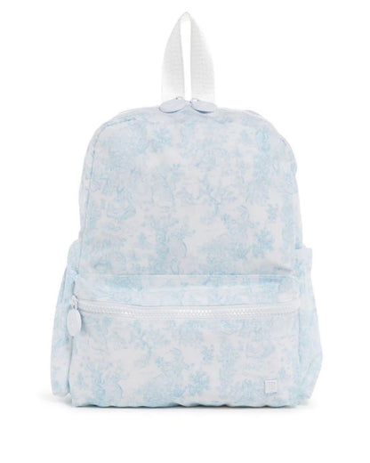 Light blue bunny toile backpack on a white background