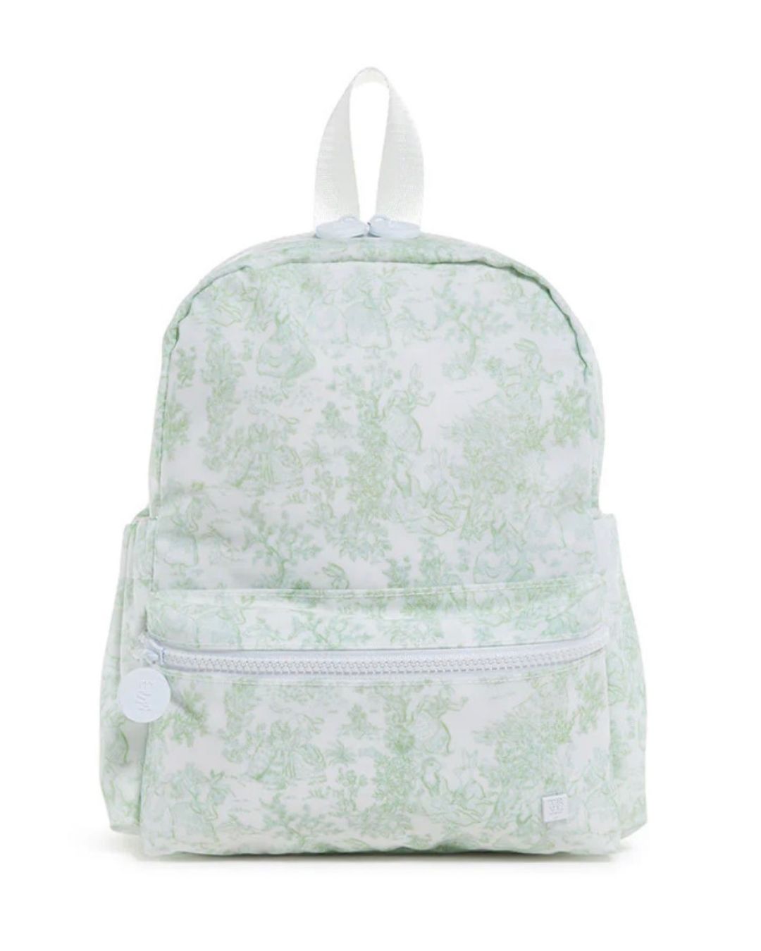 Green floral-patterned backpack on a white background
