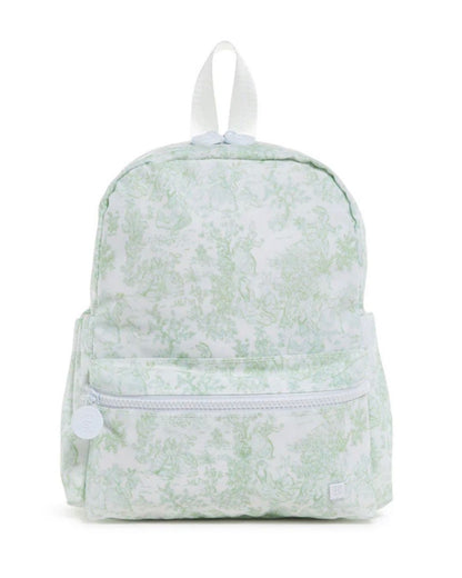 Green floral-patterned backpack on a white background