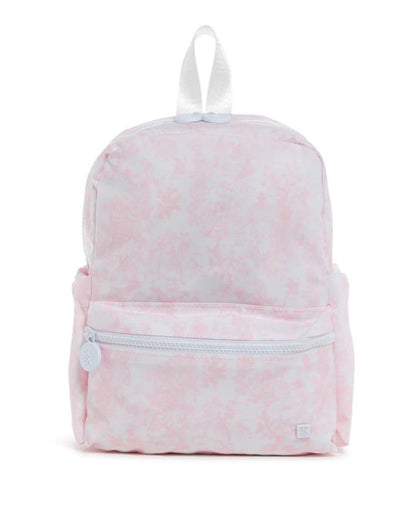 Pink bunny toile backpack with white accents on a white background