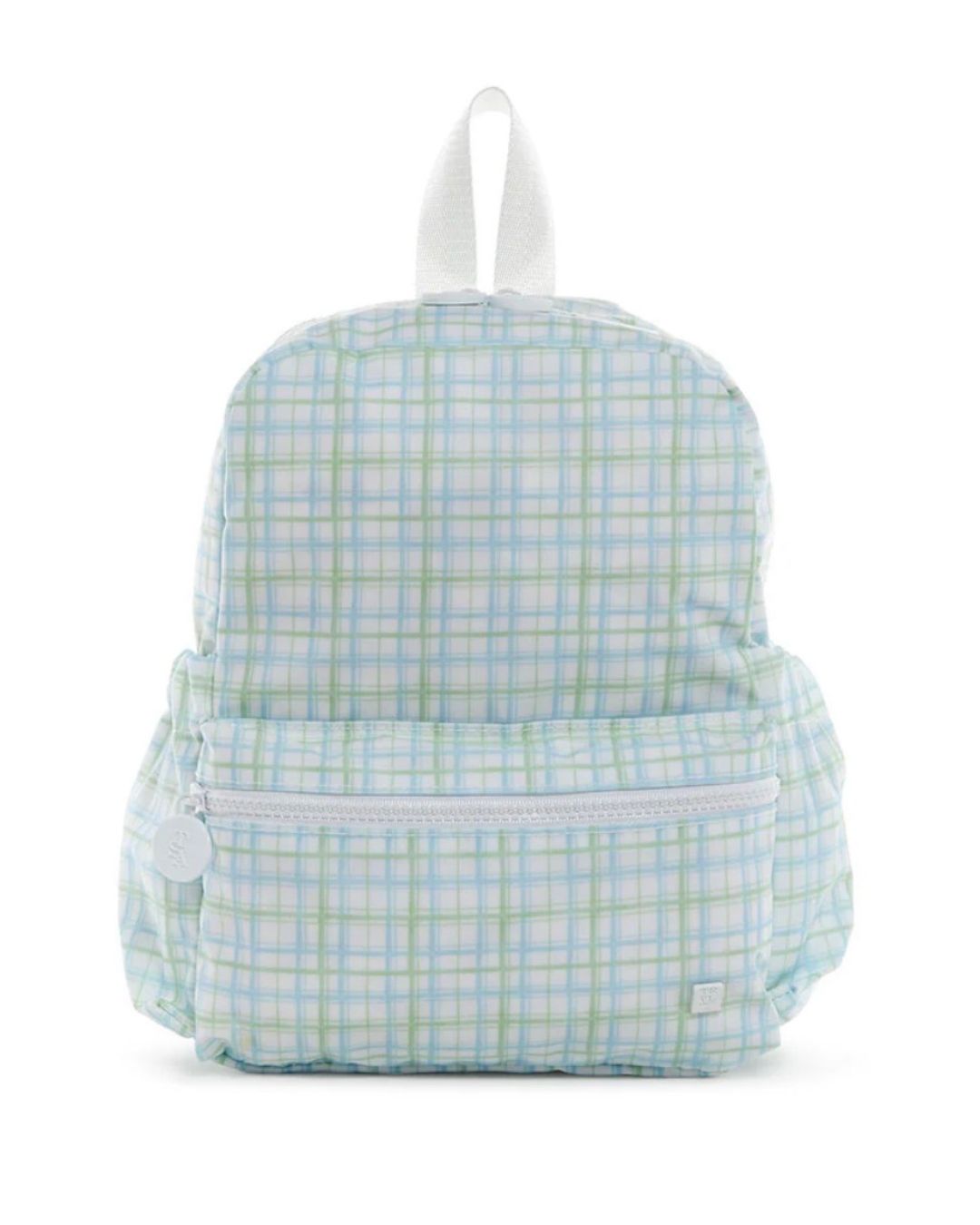 Plaid-patterned backpack on a white background