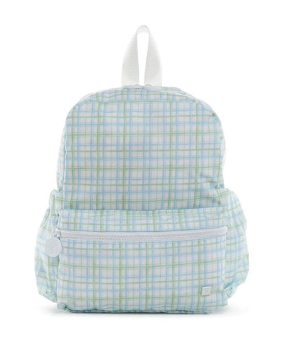 Plaid-patterned backpack on a white background