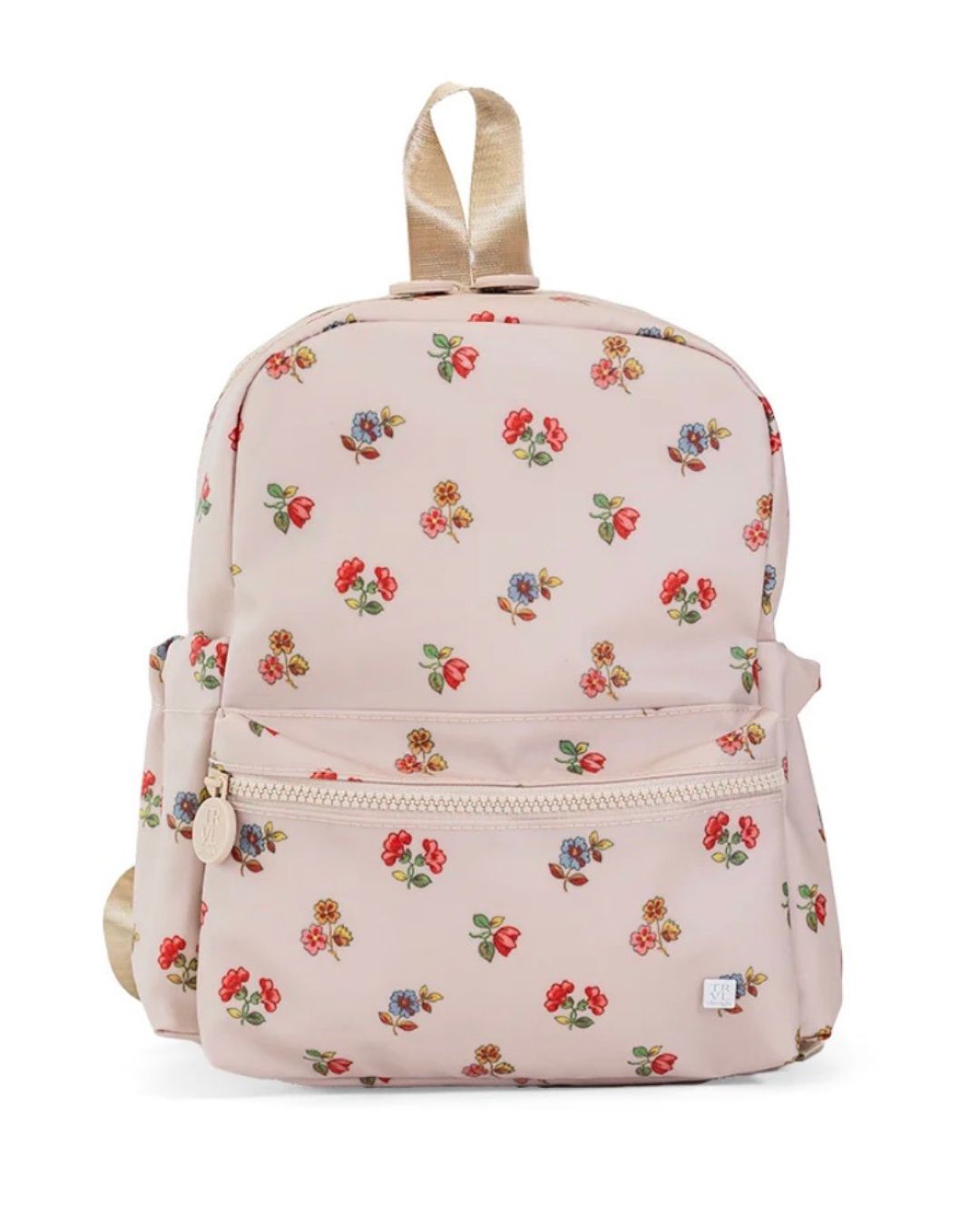 Floral-patterned backpack on a white background