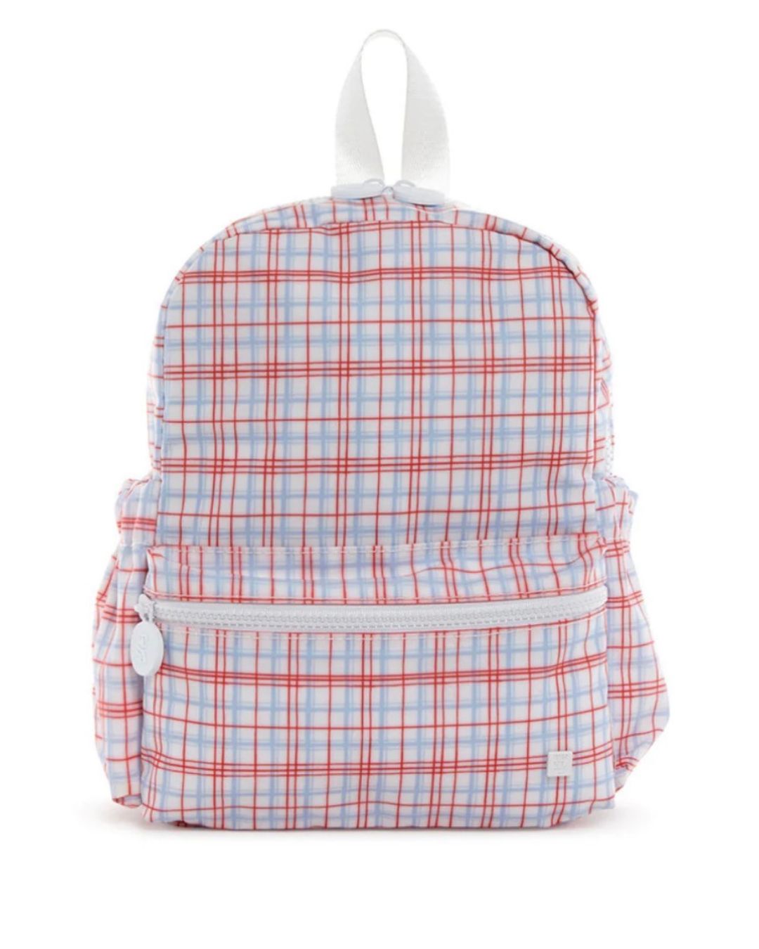 Plaid backpack with red and blue pattern on a white background