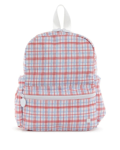 Plaid backpack with red and blue pattern on a white background