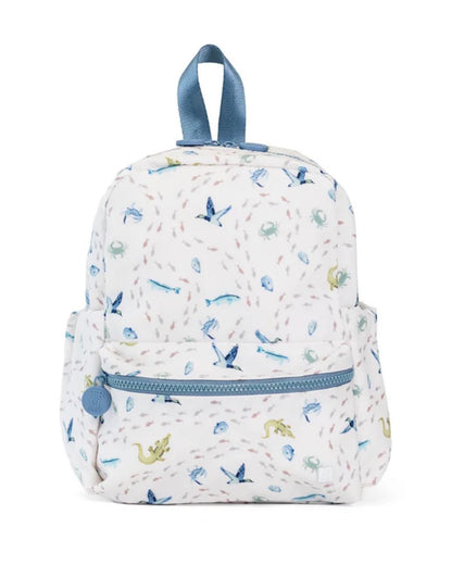 Children's backpack with sea-themed pattern on a white background