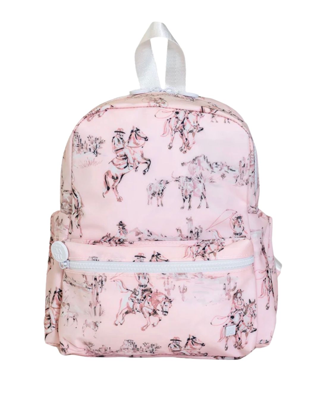 Pink backpack with horse pattern on a white background