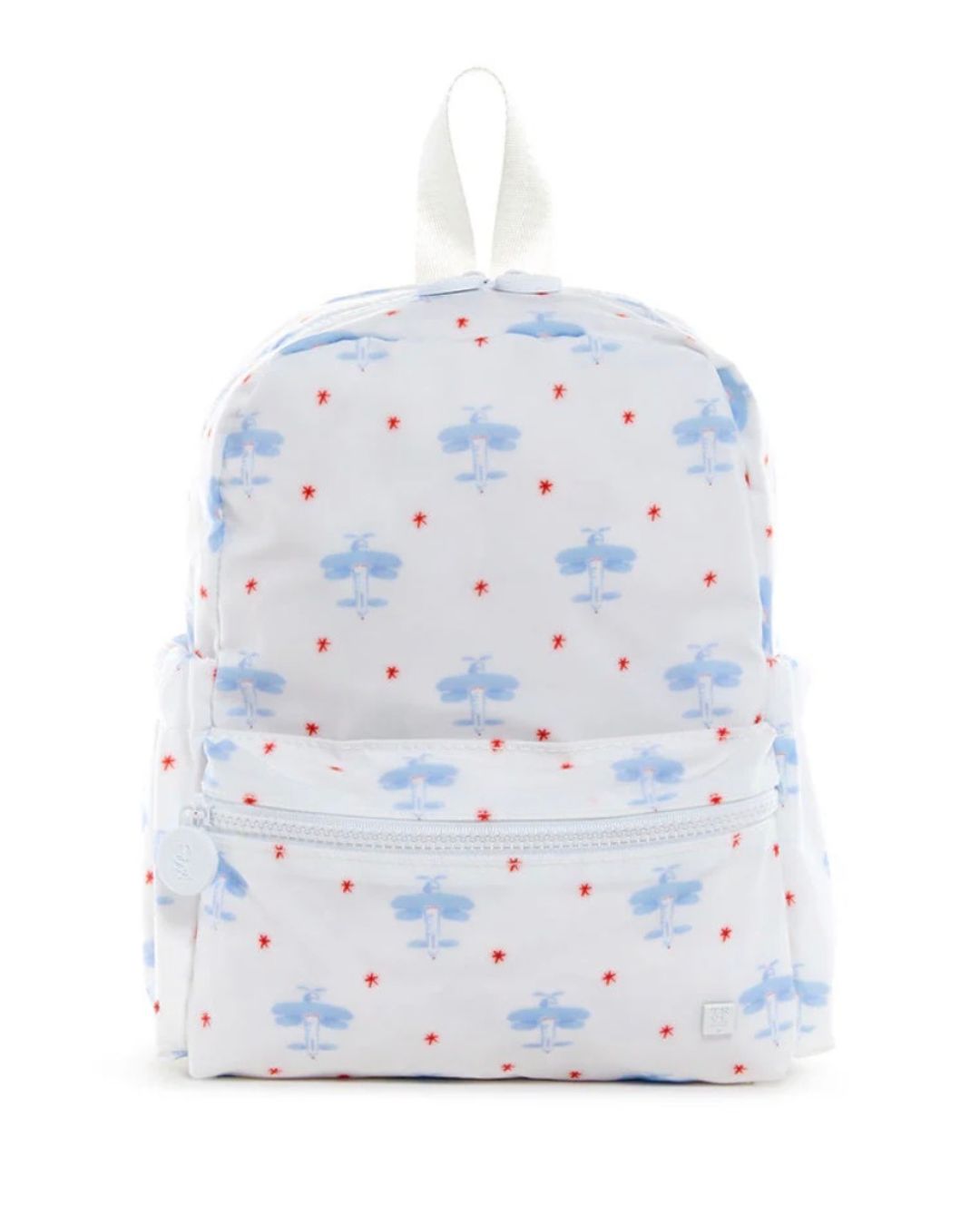 Small backpack with airplane pattern on a white background