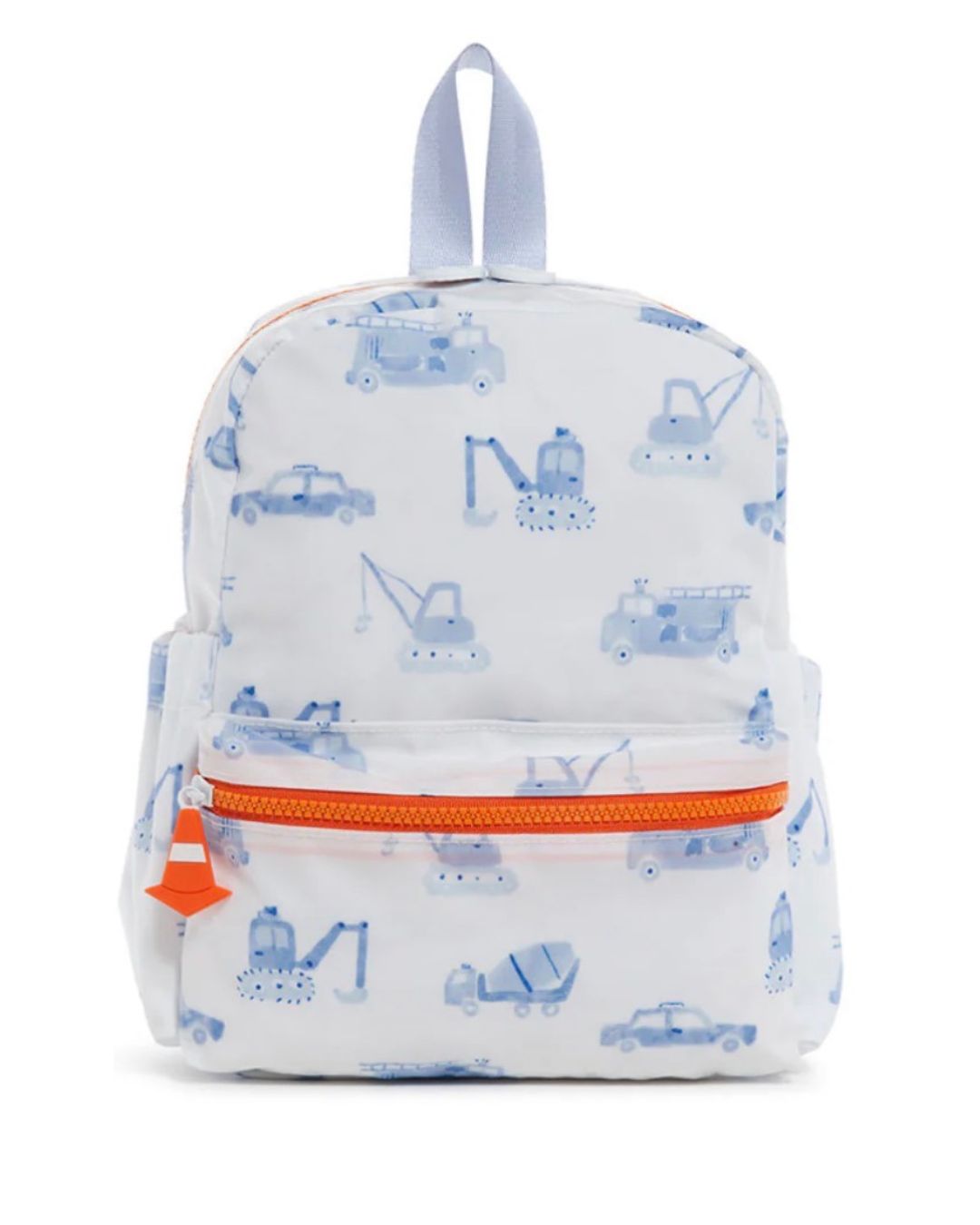 Children's backpack with blue transportation pattern on a white background