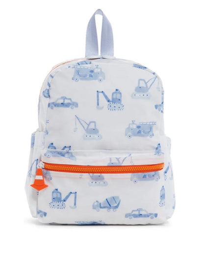 Children's backpack with blue transportation pattern on a white background