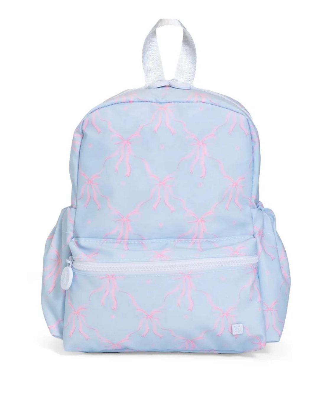 Light blue backpack with pink patterns on a white background