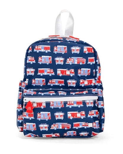 Backpack with fire truck pattern on a white background