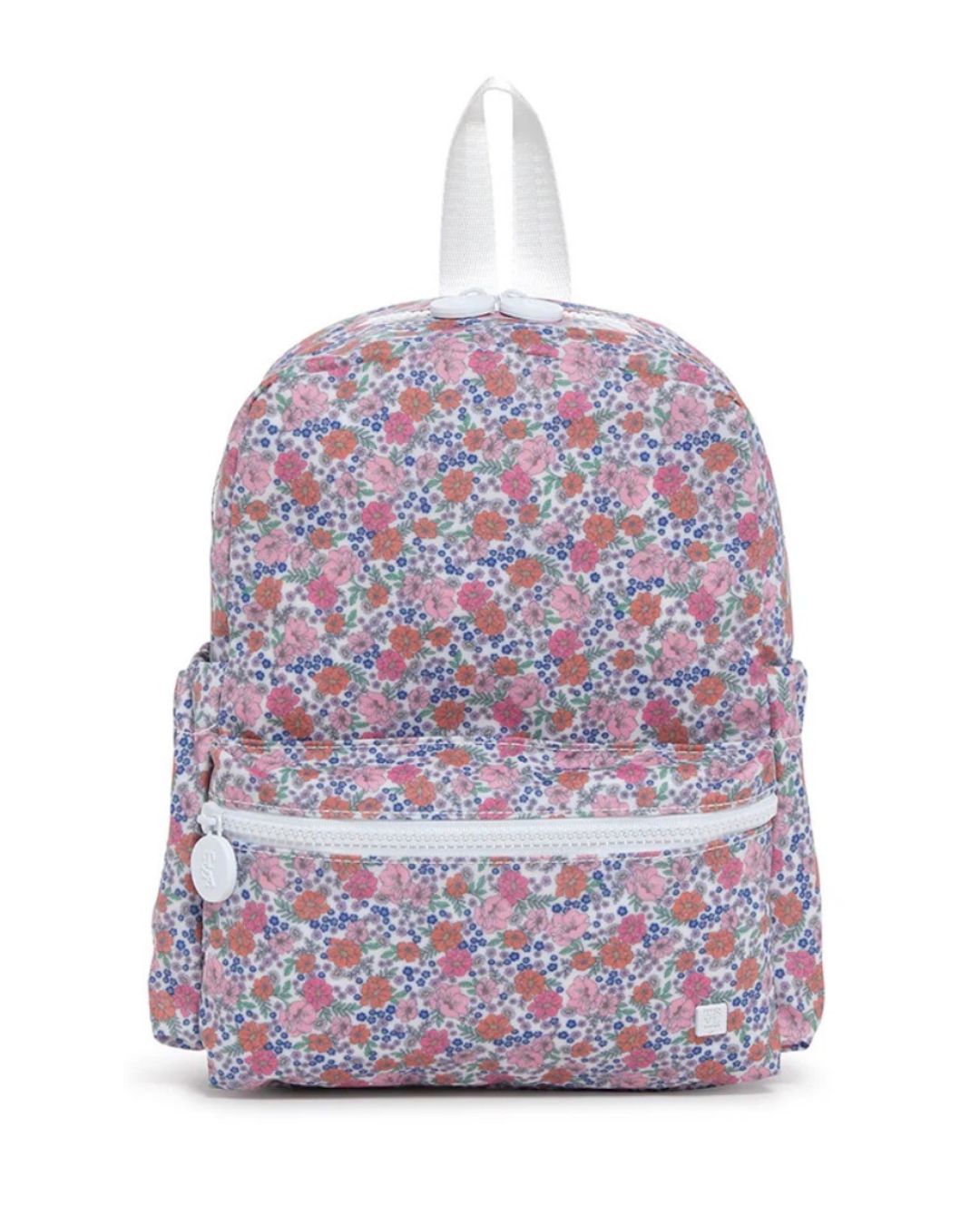 Floral patterned backpack with white accents on a white background