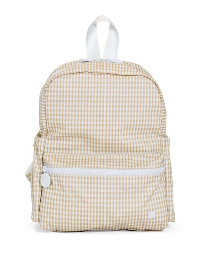 Beige checkered backpack on a white background