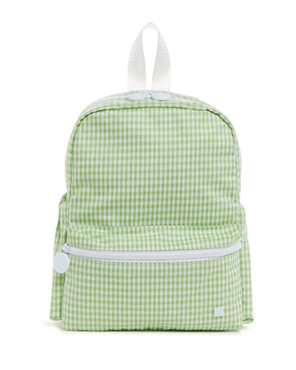 Green checkered backpack with white accents on a white background