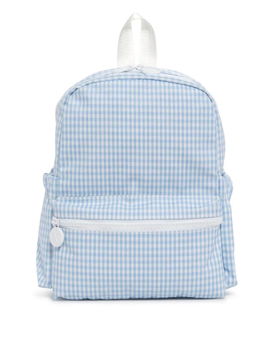 Blue gingham backpack on a white background