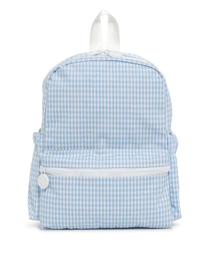 Blue gingham backpack on a white background