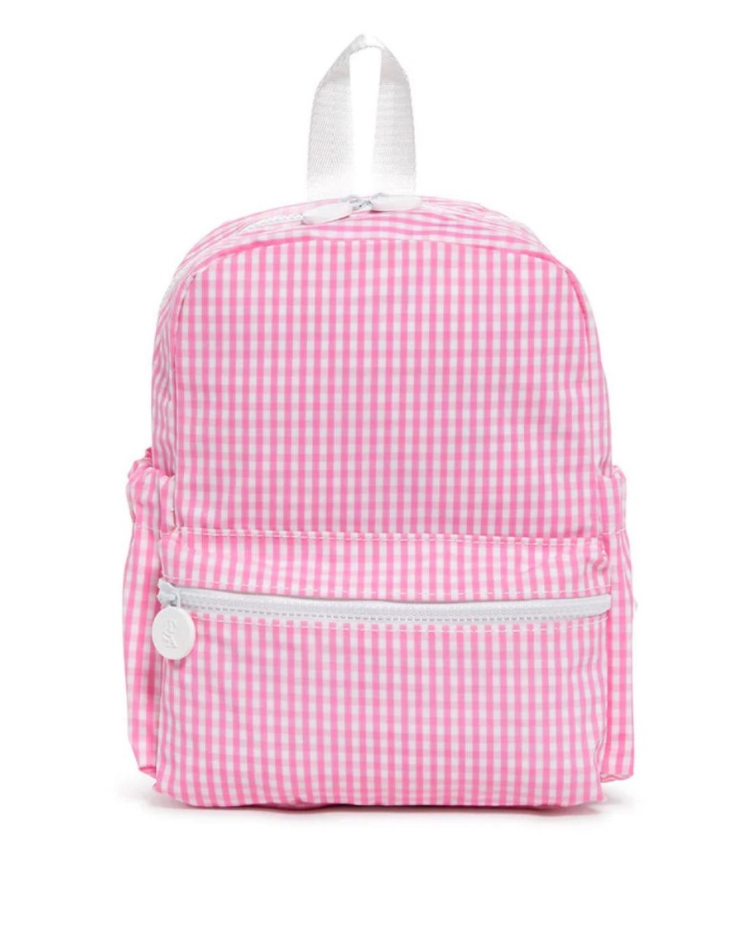 Pink gingham backpack on a white background