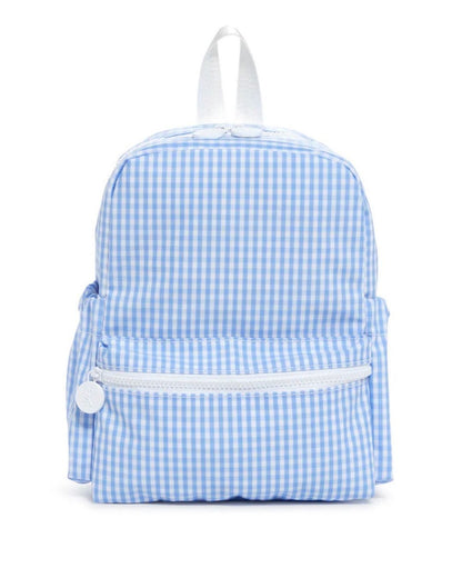 Blue and white checkered backpack on a white background