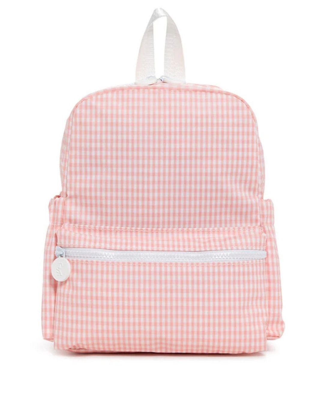 Pink checkered backpack with white accents on a white background