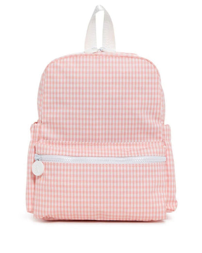Pink checkered backpack with white accents on a white background