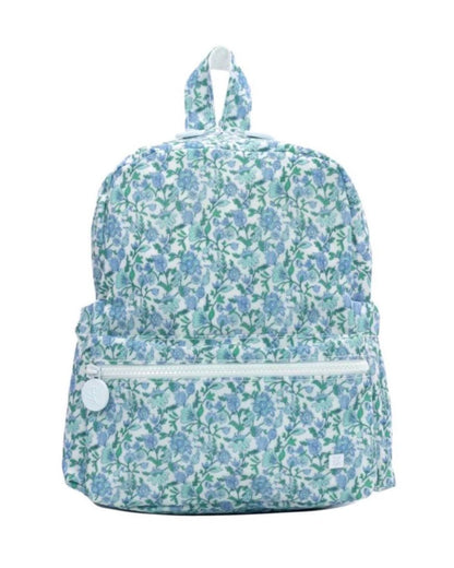 Floral-patterned backpack on a white background