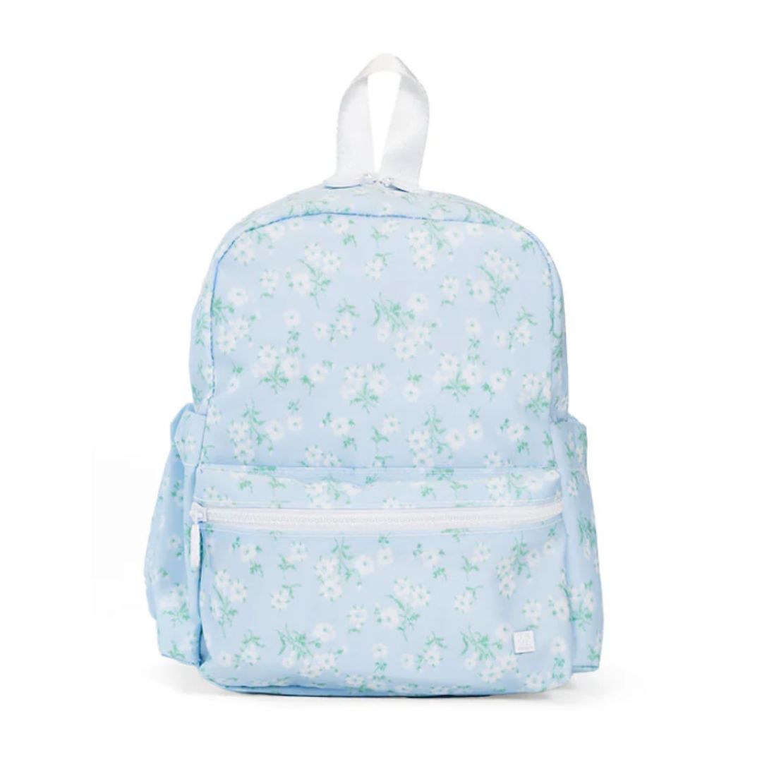 Light blue floral-patterned backpack on a white background