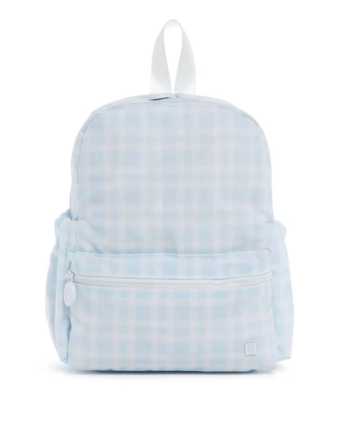 Light blue plaid backpack on a white background