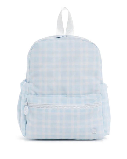 Light blue plaid backpack on a white background