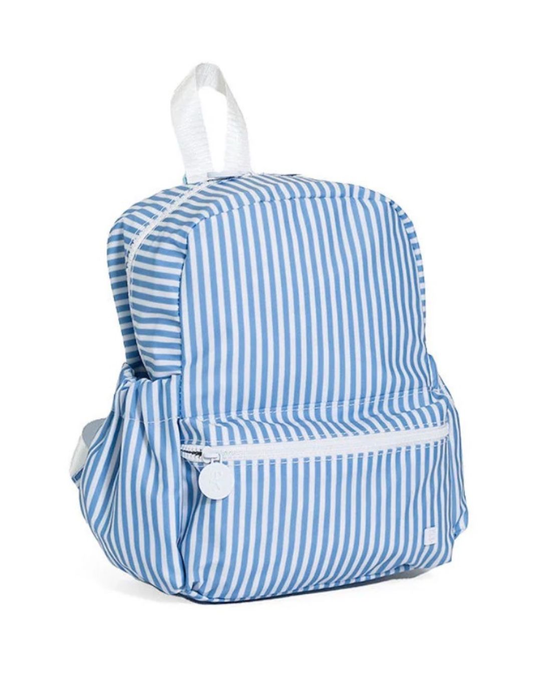 Blue and white striped backpack on a white background