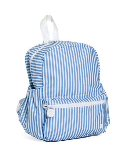 Blue and white striped backpack on a white background