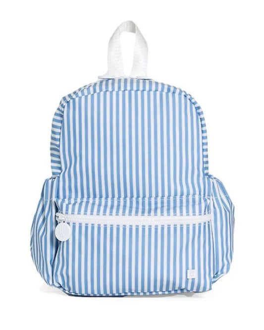 Blue and white striped backpack on a white background
