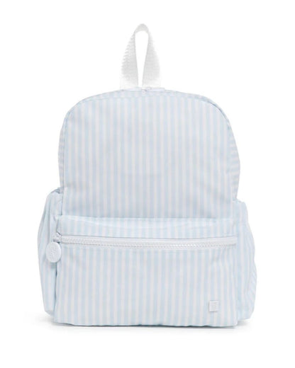 Light blue striped backpack on a white background