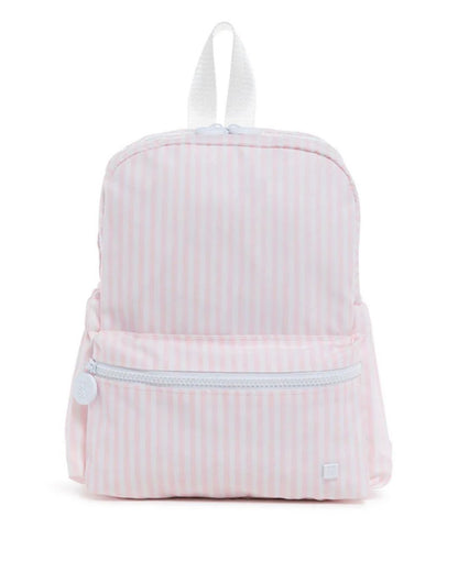 Pink striped backpack on a white background
