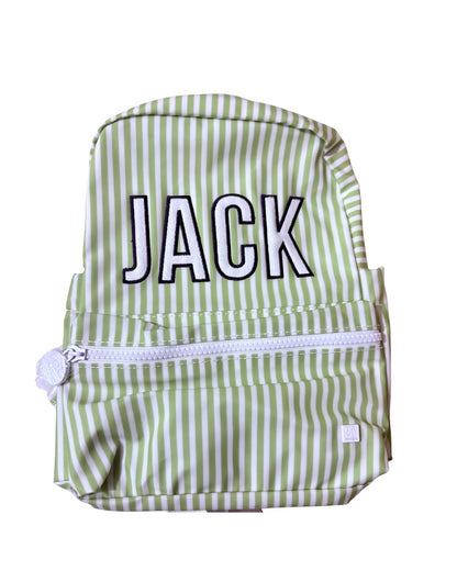 Green and white striped backpack with 'JACK' printed on it against a white background