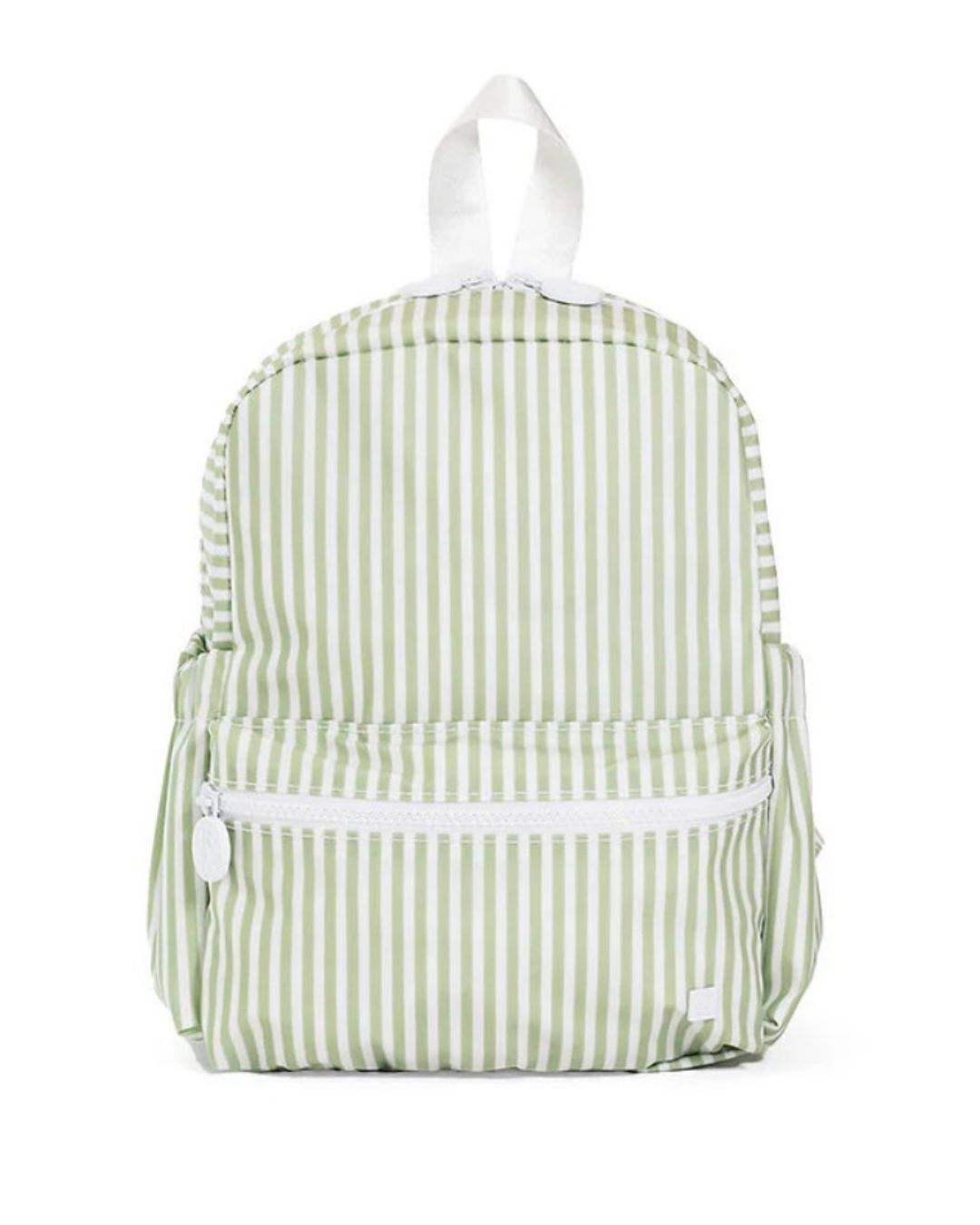 Green and white striped backpack on a white background