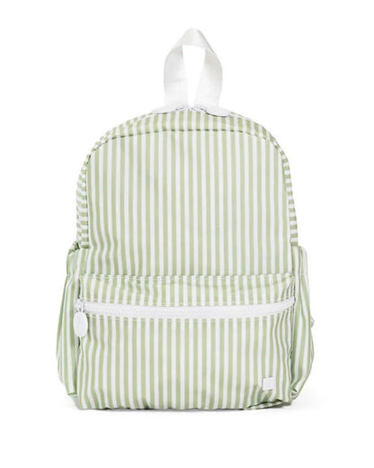 Green and white striped backpack on a white background