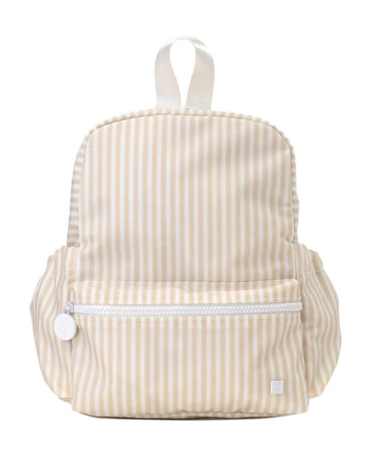 Beige striped backpack on a white background