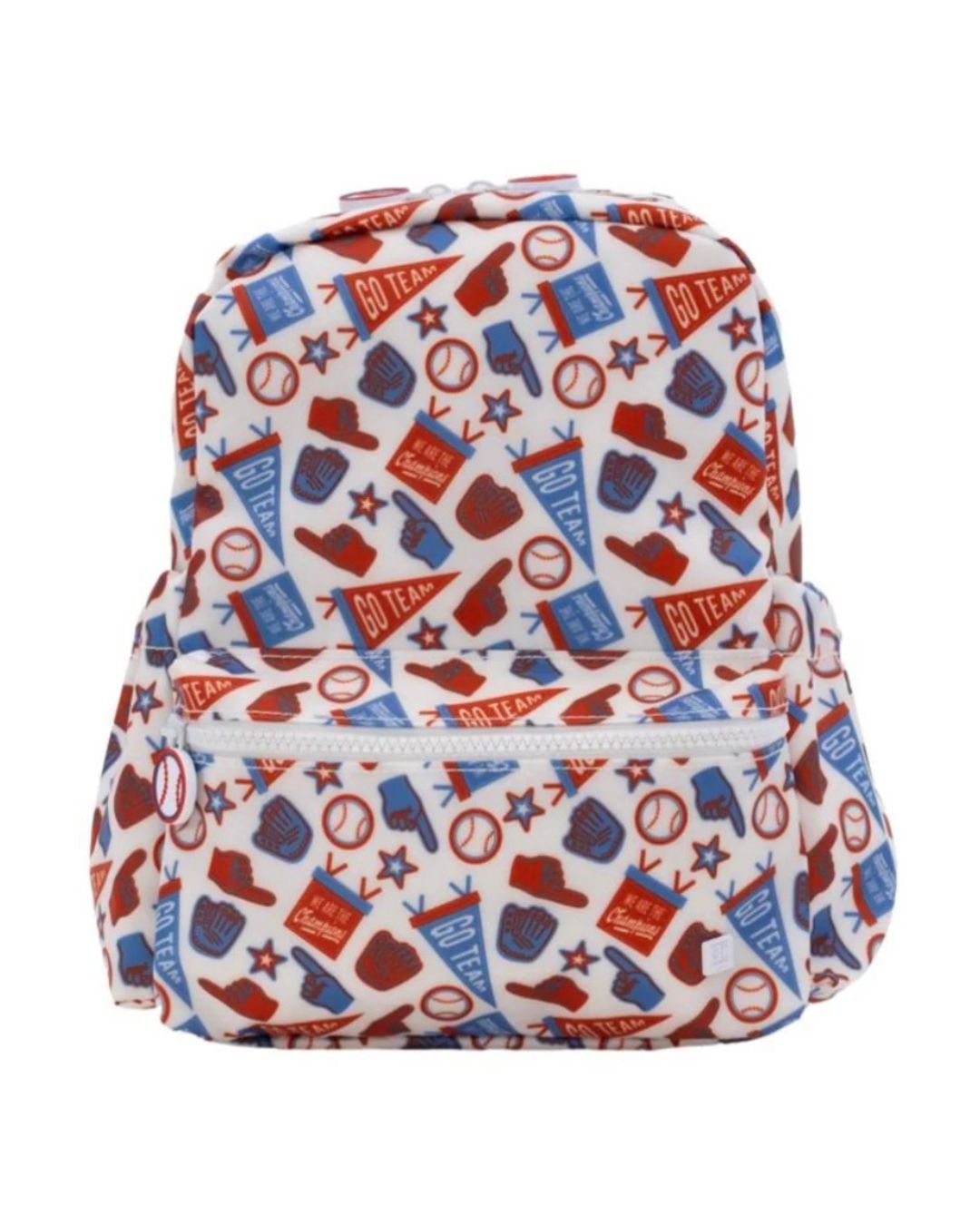 Backpack with sports-themed pattern on a white background