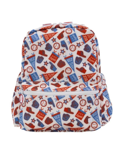 Backpack with sports-themed pattern on a white background