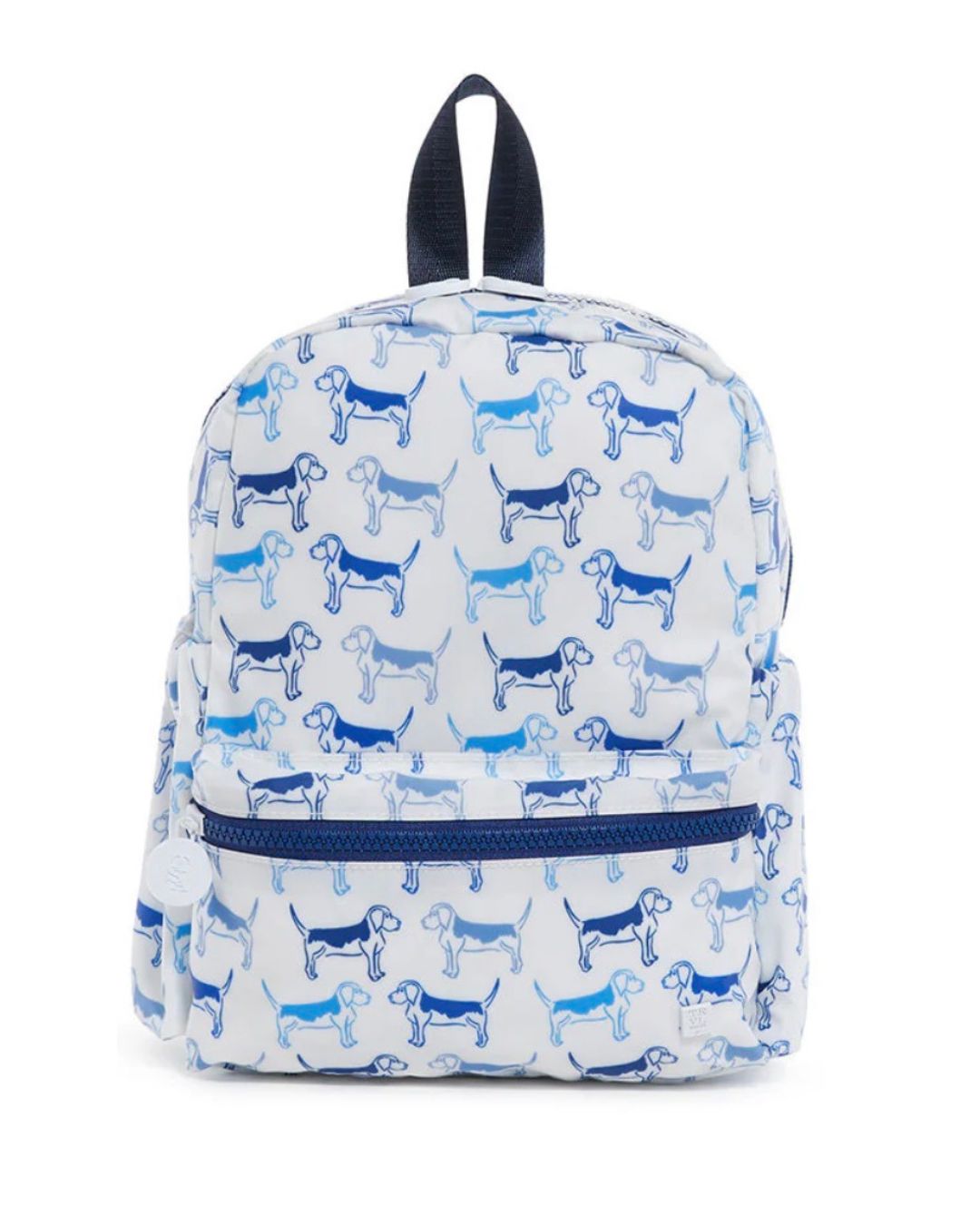 Backpack with blue dog pattern on a white background