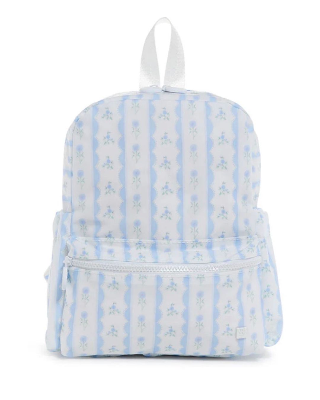 Backpack with blue and white pattern on a white background