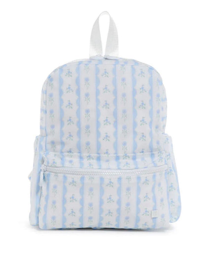 Backpack with blue and white pattern on a white background