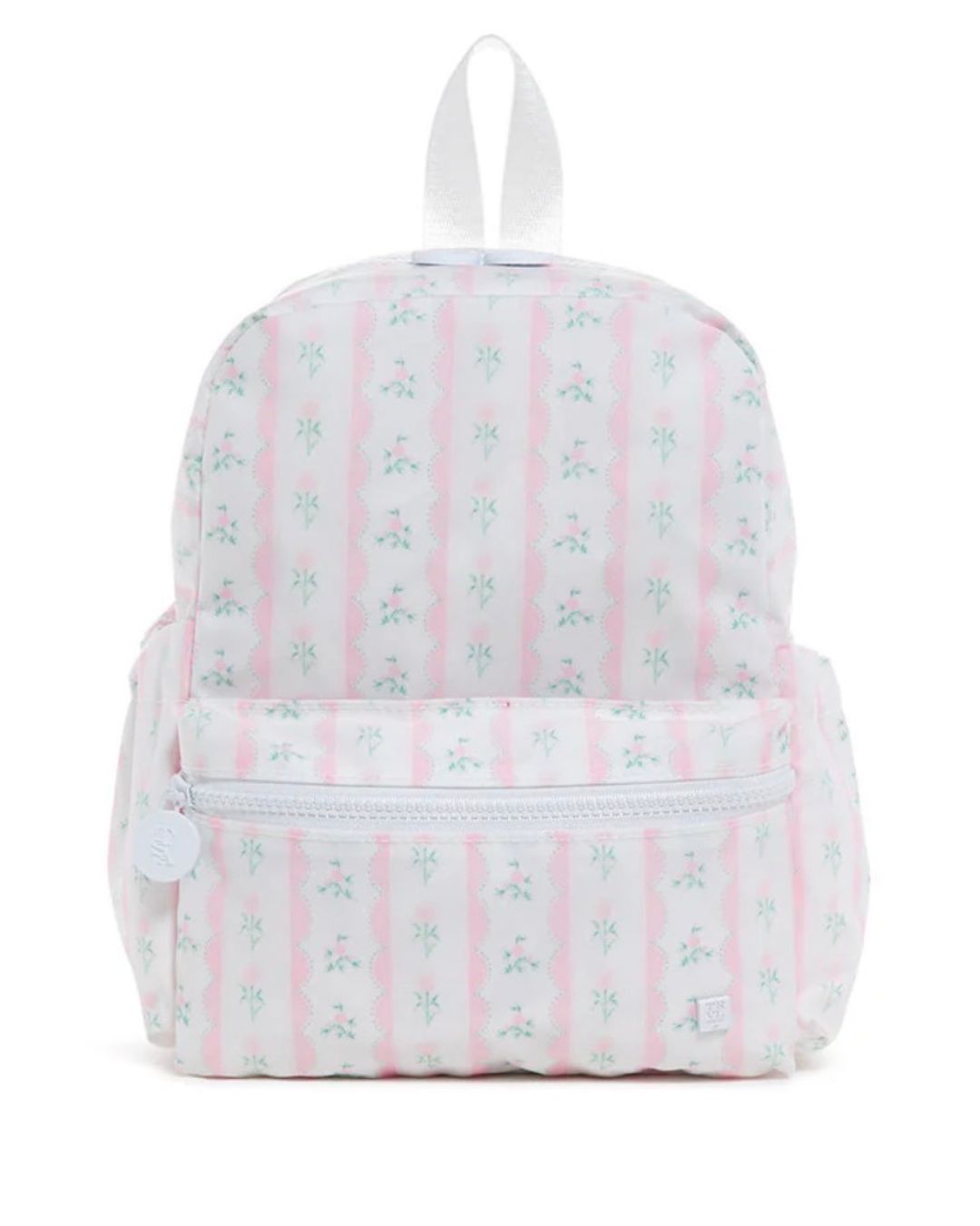 Backpack with pink and white striped pattern on a white background