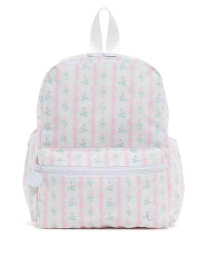 Backpack with pink and white striped pattern on a white background