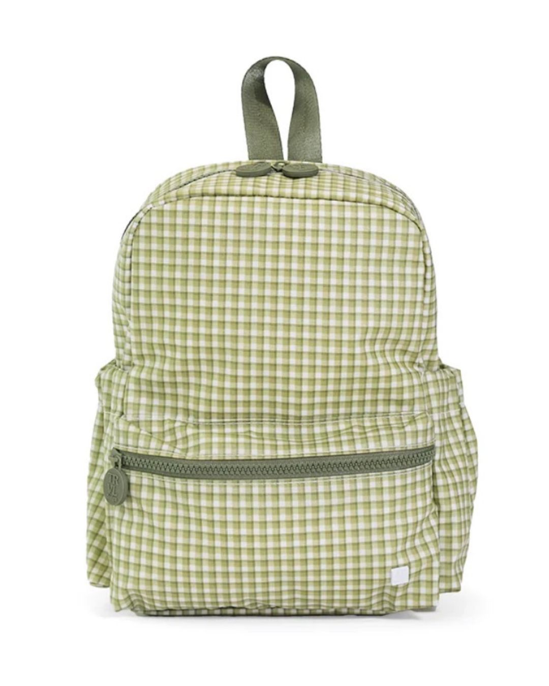 Green checkered backpack on a white background
